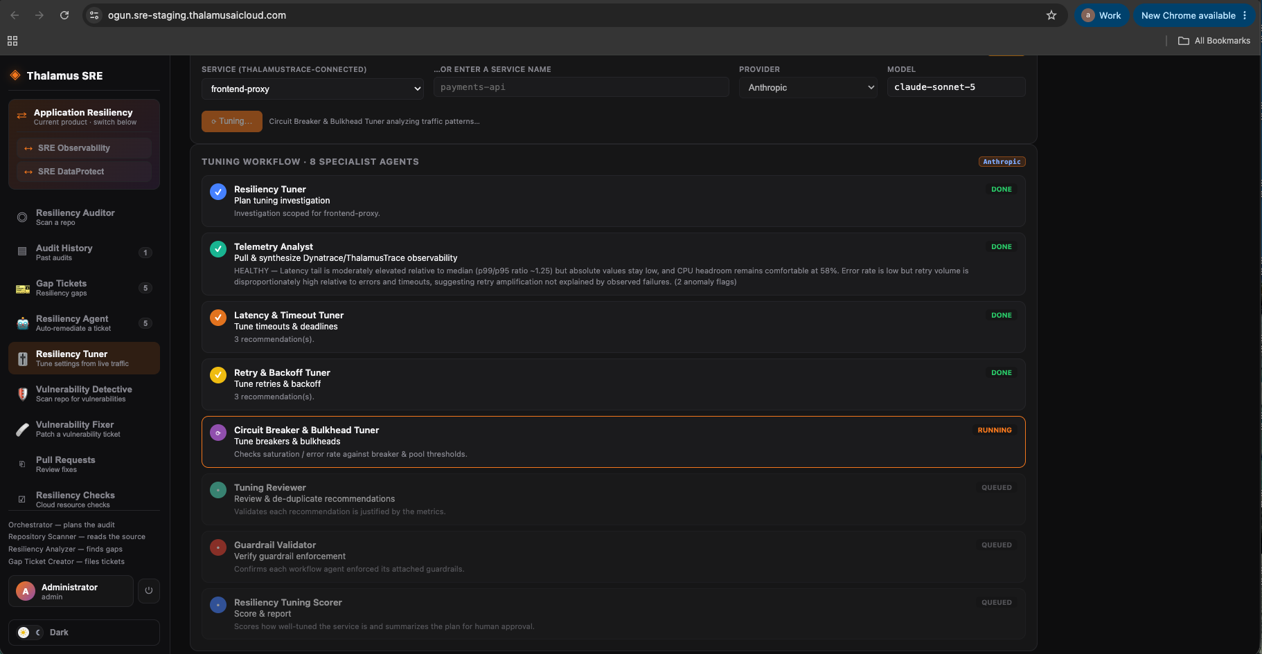 The Resiliency Tuner workflow running against a ThalamusTrace-connected service, showing eight specialist agents in sequence with the Telemetry Analyst findings expanded.